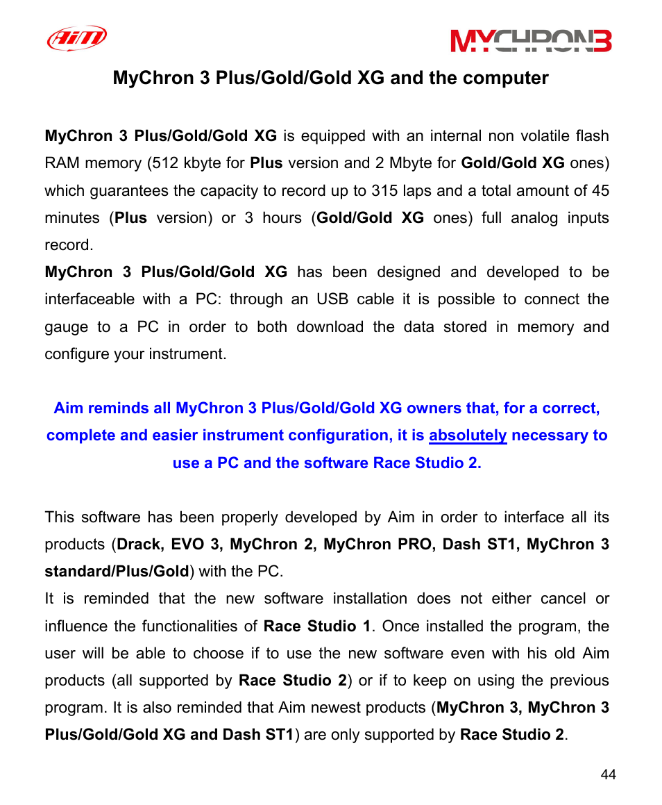 Mychron 3 plus/gold/gold xg and the computer, Hron, And the computer | AiM MyChron3 XG Log User Manual | Page 44 / 91