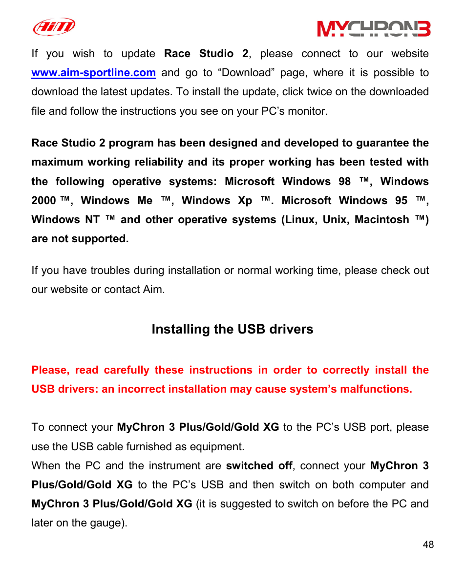 Installing the usb drivers | AiM MyChron3 XG Log User Manual | Page 48 / 91