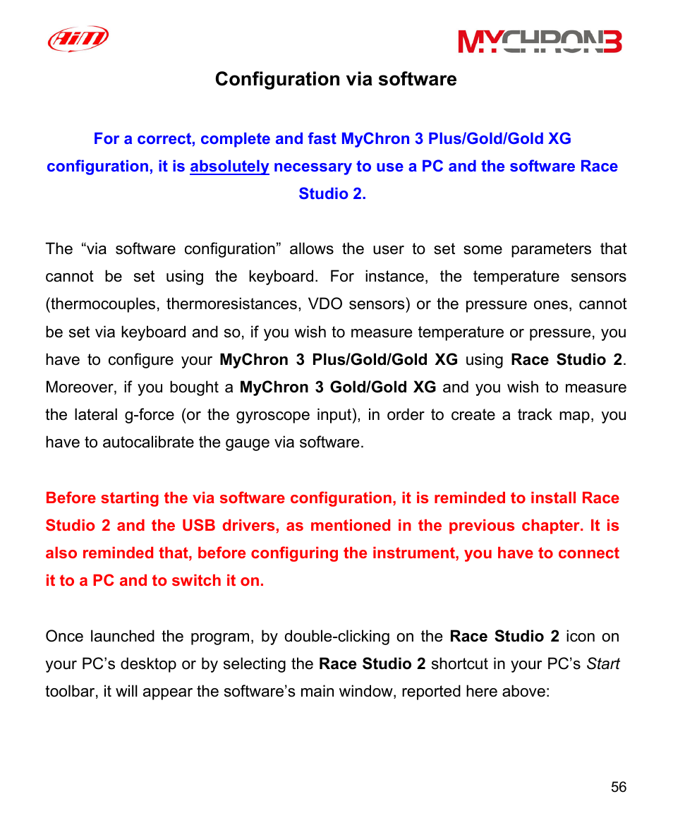 Configuration via software, Onfiguration via software | AiM MyChron3 XG Log User Manual | Page 56 / 91