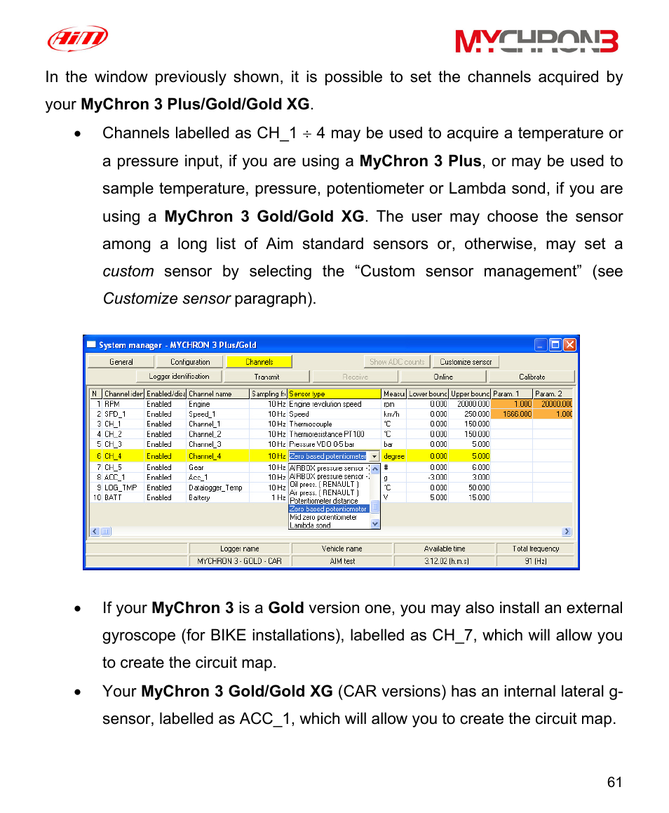 AiM MyChron3 XG Log User Manual | Page 61 / 91