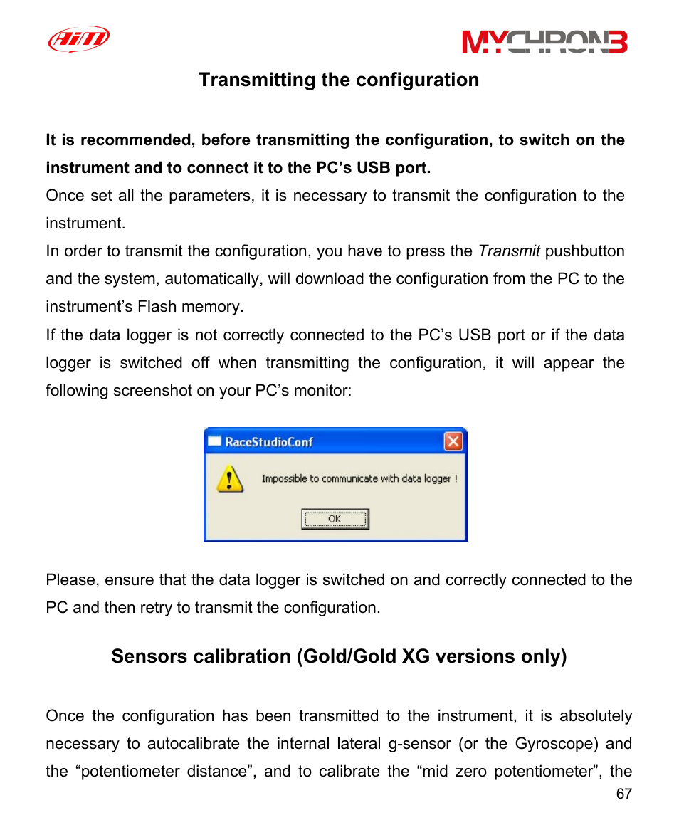 Transmitting the configuration, Sensors calibration (gold/gold xg versions only) | AiM MyChron3 XG Log User Manual | Page 67 / 91