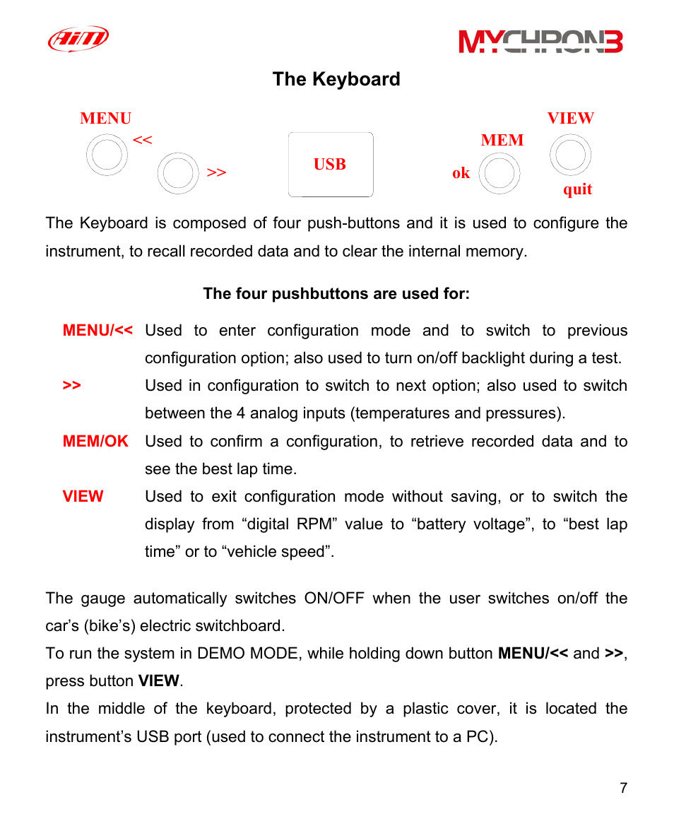 The keyboard | AiM MyChron3 XG Log User Manual | Page 7 / 91