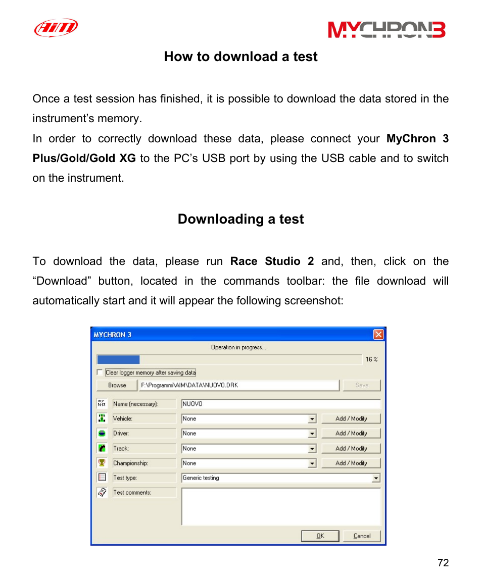 How to download a test, Downloading a test, Ow to download a test | AiM MyChron3 XG Log User Manual | Page 72 / 91