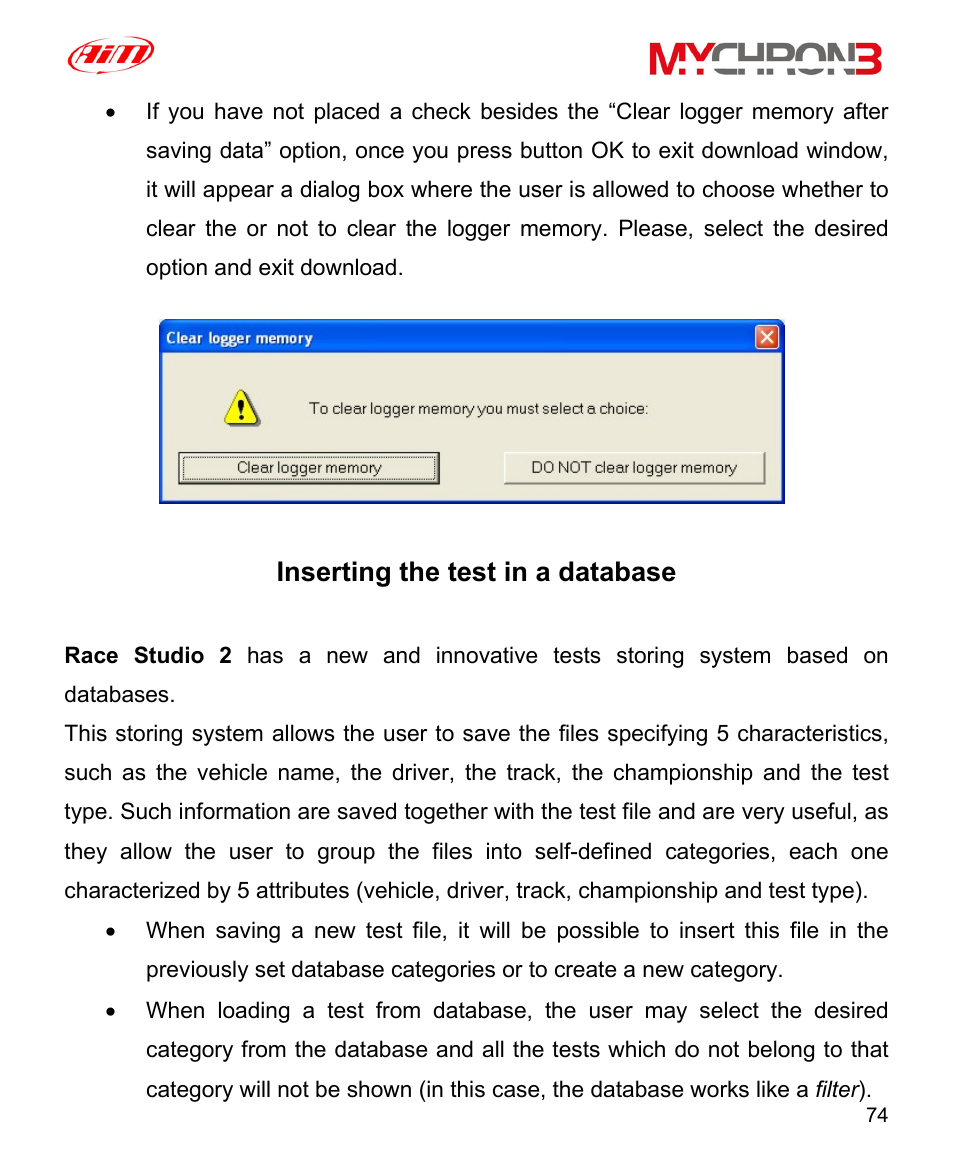Inserting the test in a database | AiM MyChron3 XG Log User Manual | Page 74 / 91