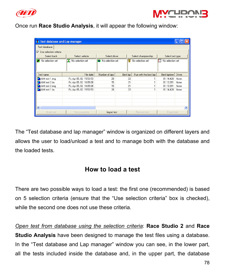 How to load a test | AiM MyChron3 XG Log User Manual | Page 78 / 91