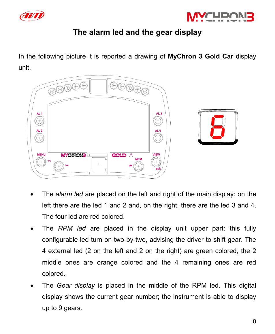The alarm led and the gear display | AiM MyChron3 XG Log User Manual | Page 8 / 91