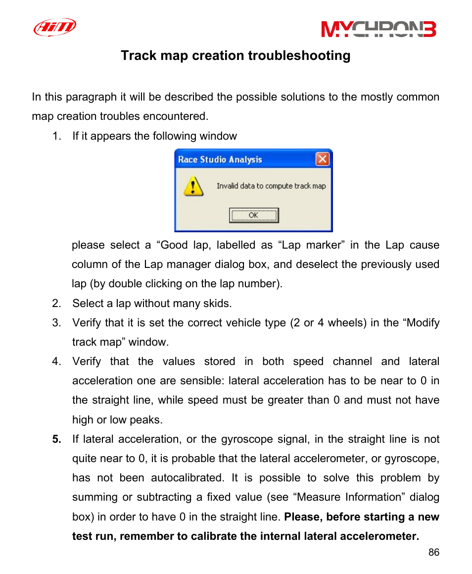 Track map creation troubleshooting | AiM MyChron3 XG Log User Manual | Page 86 / 91