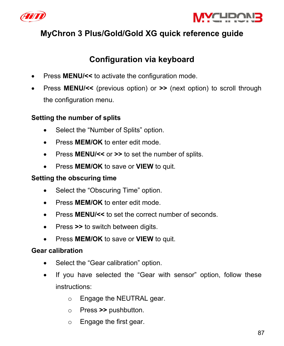 Mychron 3 plus/gold/gold xg quick reference guide, Configuration via keyboard, Hron | Quick reference guide | AiM MyChron3 XG Log User Manual | Page 87 / 91