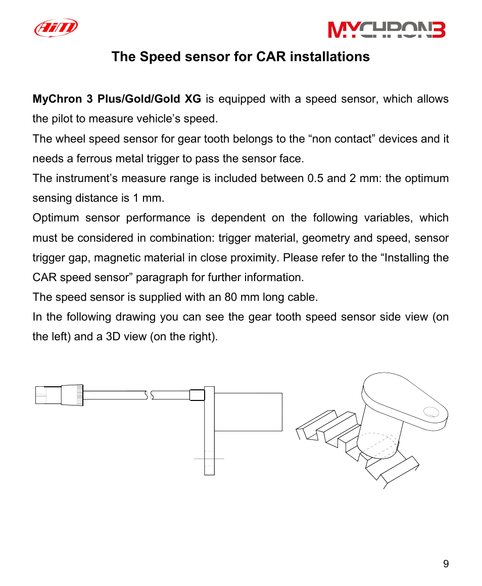 The speed sensor for car installations | AiM MyChron3 XG Log User Manual | Page 9 / 91