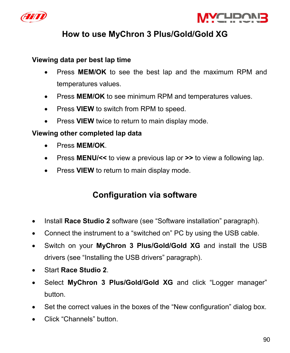 How to use mychron 3 plus/gold/gold xg, Configuration via software | AiM MyChron3 XG Log User Manual | Page 90 / 91