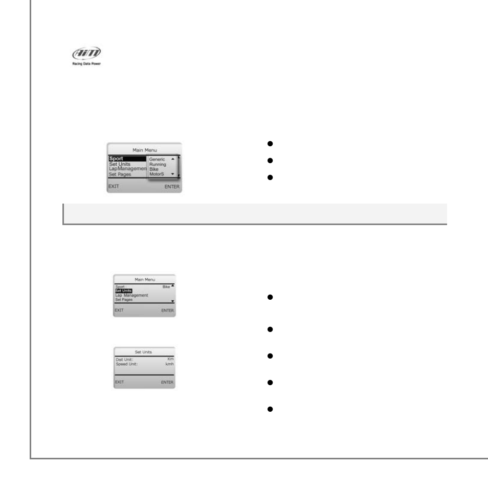 – sport, – set units | AiM MyTach User Manual | Page 10 / 39
