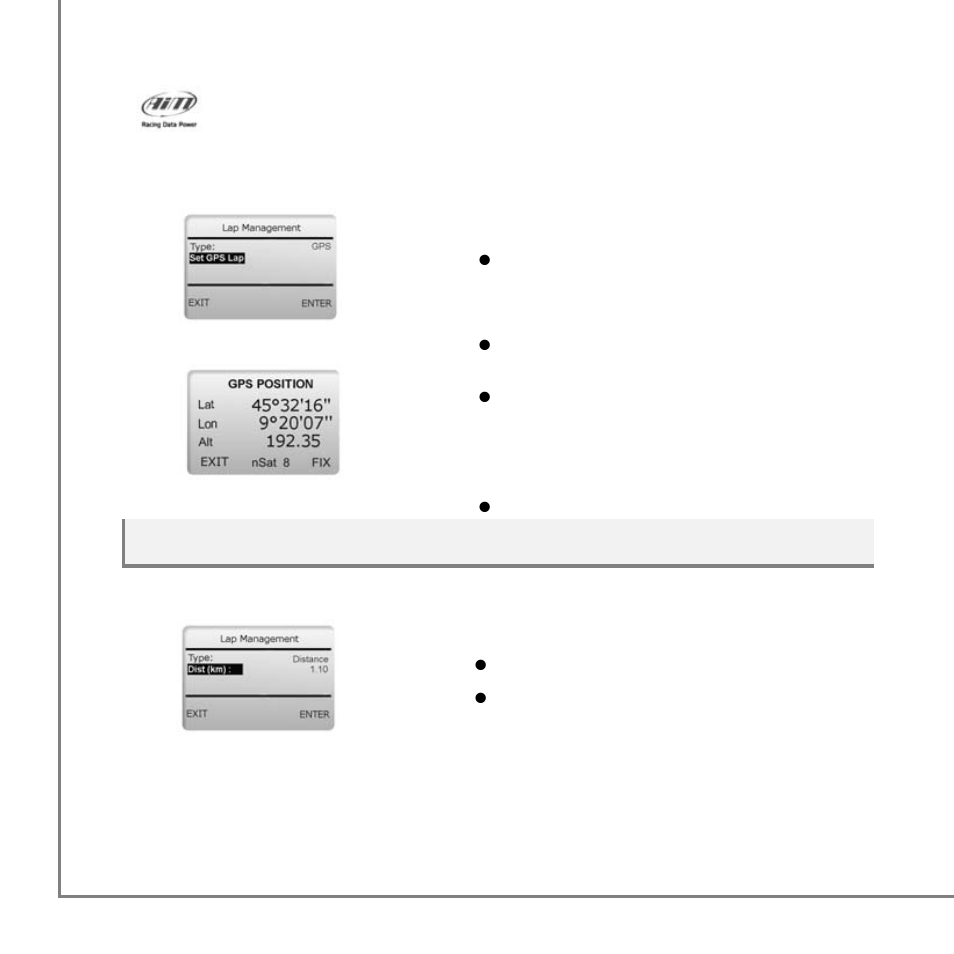 1 – set gps lap, 2 – set lap by distance | AiM MyTach User Manual | Page 12 / 39