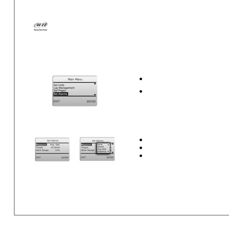 5 – set alarms, 1 – select alarm measure | AiM MyTach User Manual | Page 18 / 39