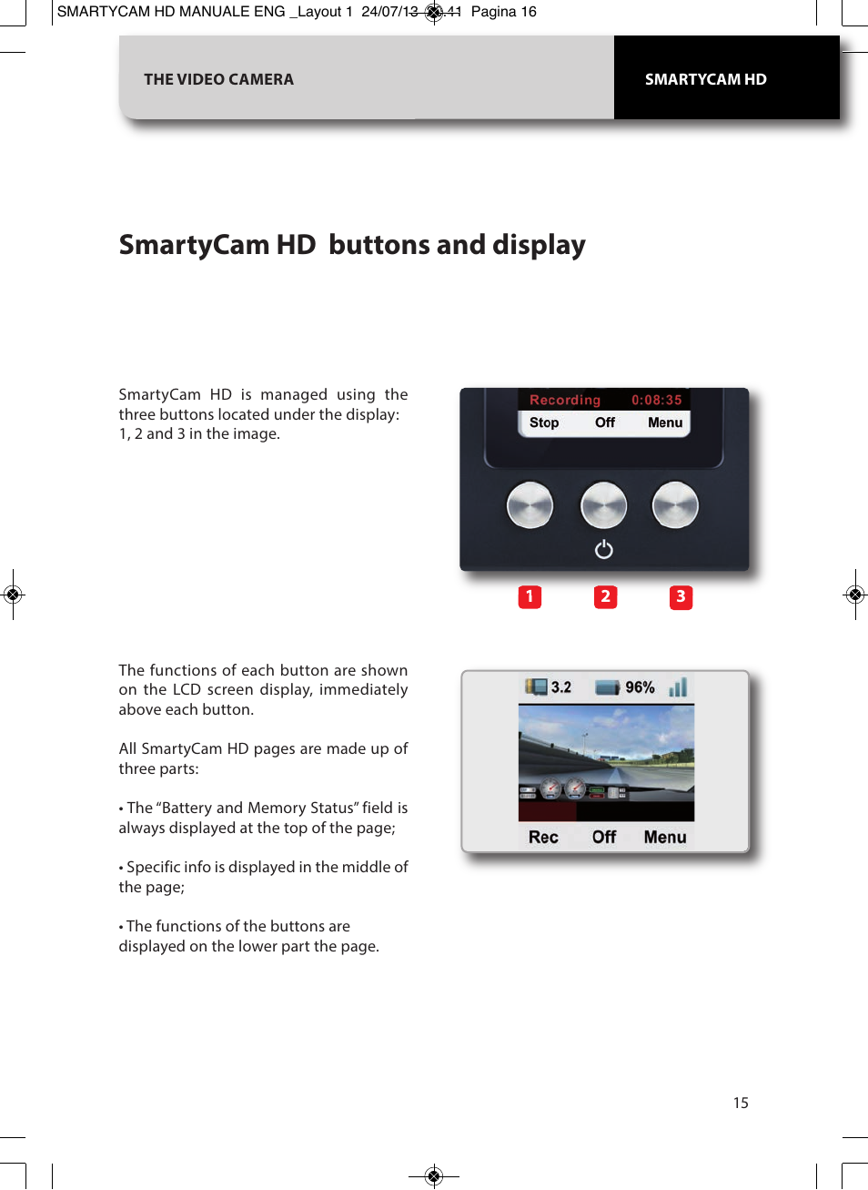 Smartycam hd buttons and display | AiM SmartyCam GP HD ver 1.00 User Manual | Page 15 / 48