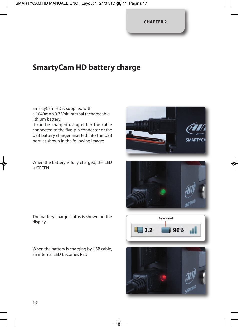 Smartycam hd battery charge | AiM SmartyCam GP HD ver 1.00 User Manual | Page 16 / 48