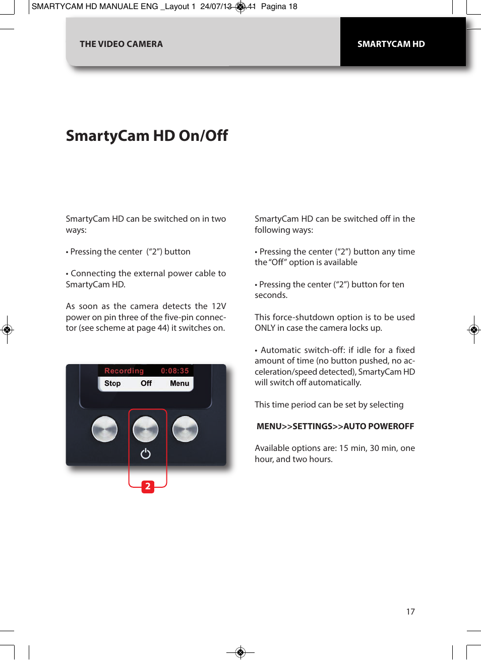 Smartycam hd on/off | AiM SmartyCam GP HD ver 1.00 User Manual | Page 17 / 48