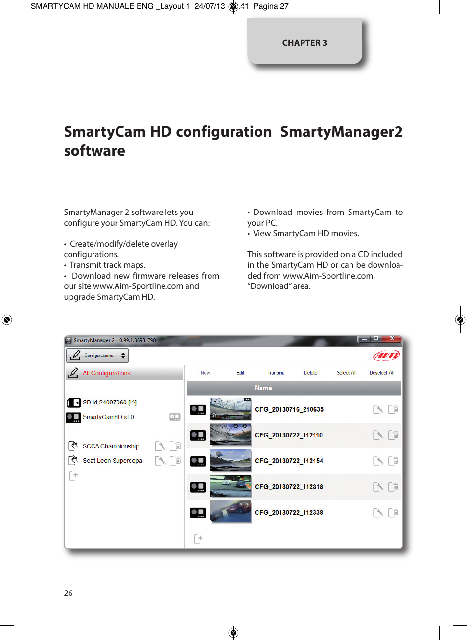 Smartycam hd configuration smartymanager2 software | AiM SmartyCam GP HD ver 1.00 User Manual | Page 26 / 48