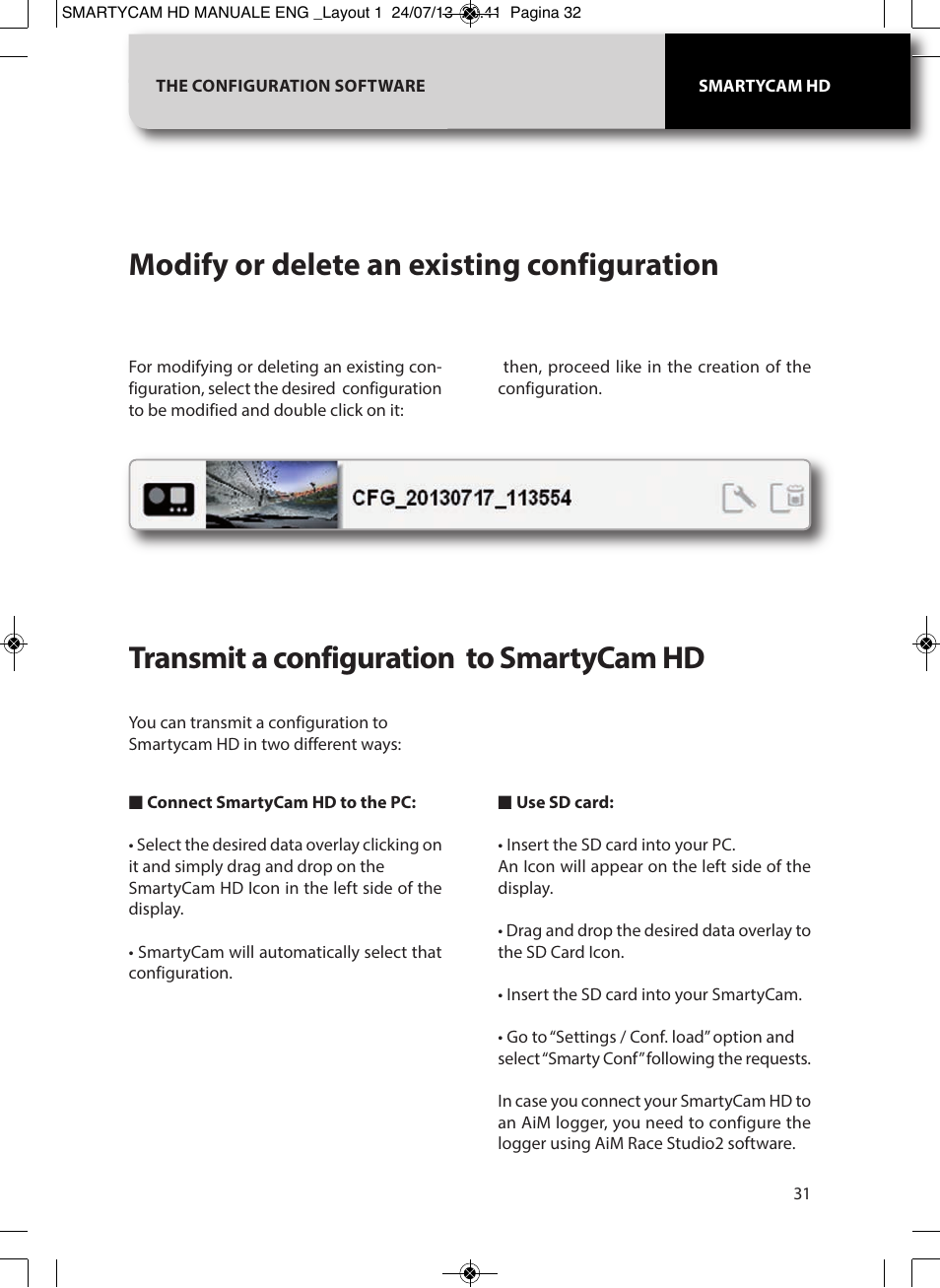 Modify or delete an existing configuration, Transmit a configuration to smartycam hd | AiM SmartyCam GP HD ver 1.00 User Manual | Page 31 / 48