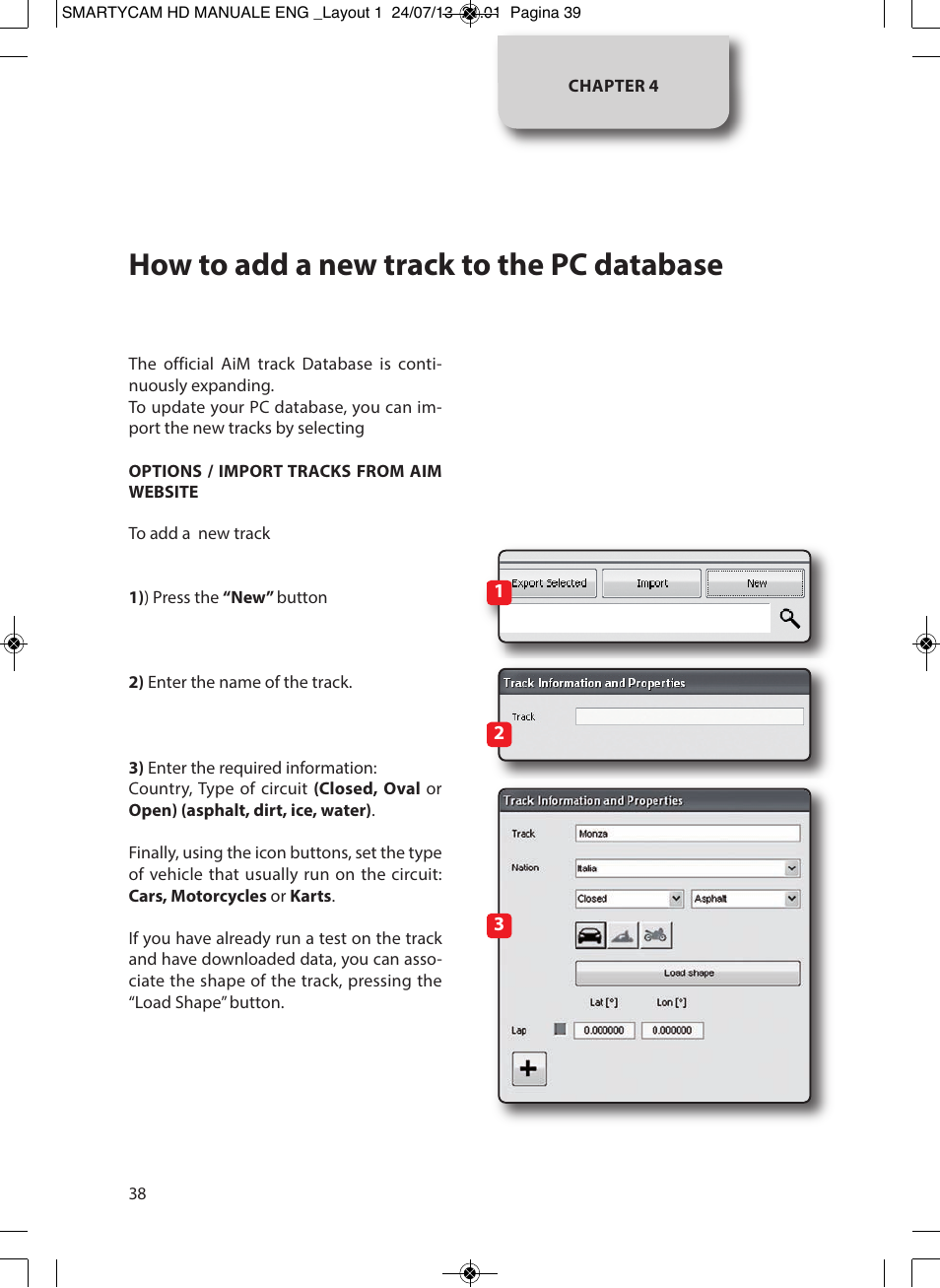 How to add a new track to the pc database | AiM SmartyCam GP HD ver 1.00 User Manual | Page 38 / 48