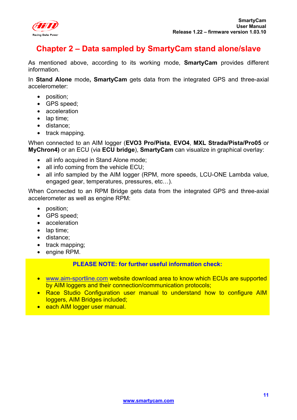 AiM SmartyCam ver 1.22 User Manual | Page 11 / 27