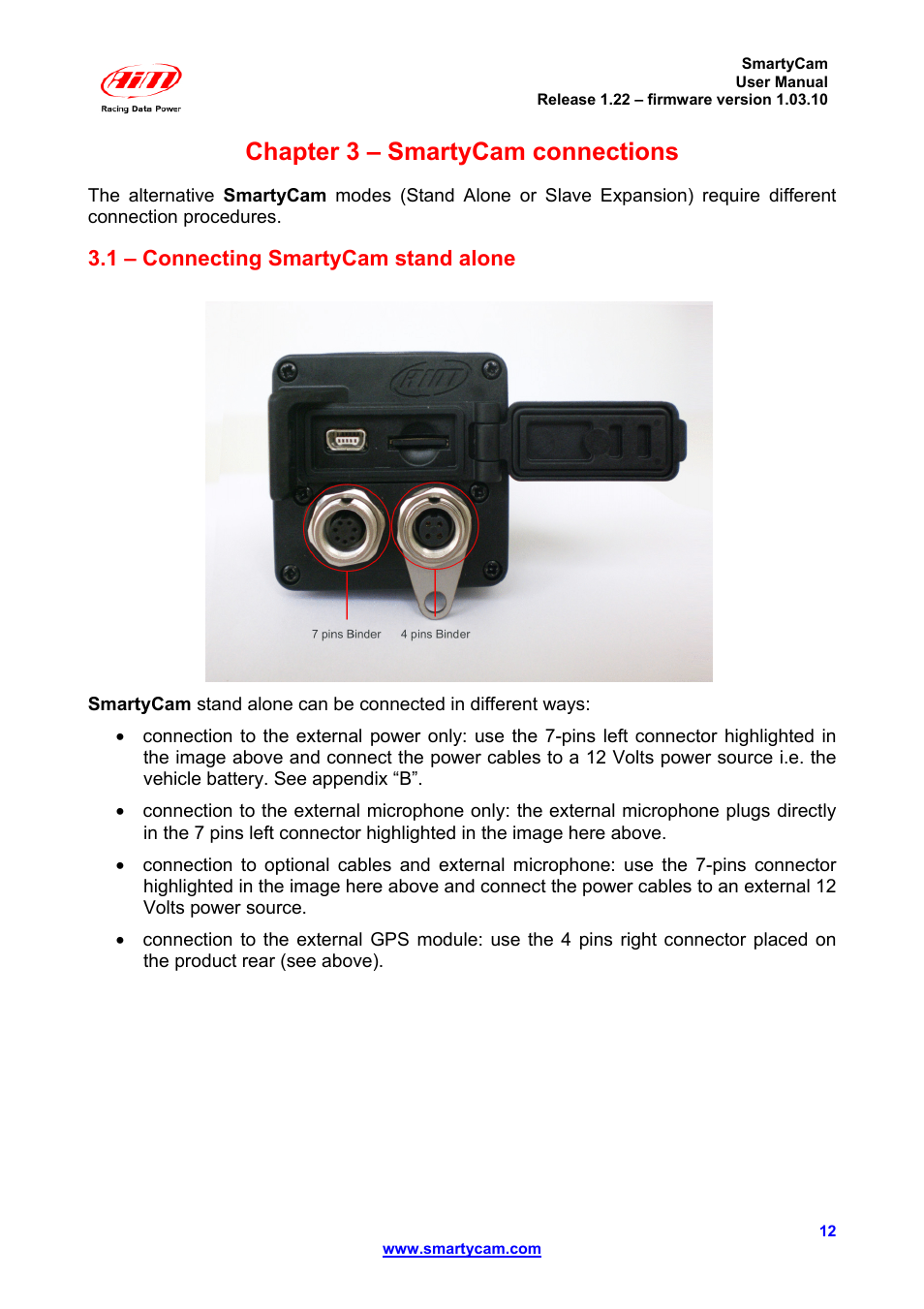 Chapter 3 – smartycam connections, 1 – connecting smartycam stand alone | AiM SmartyCam ver 1.22 User Manual | Page 12 / 27