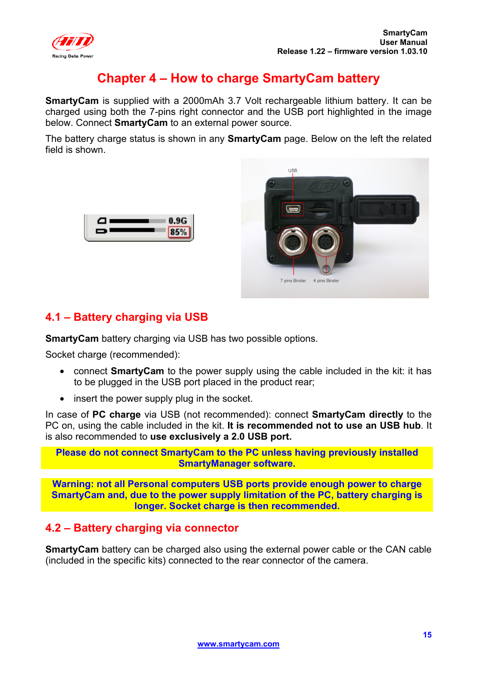 Chapter 4 – how to charge smartycam battery, 1 – battery charging via usb, 2 – battery charging via connector | AiM SmartyCam ver 1.22 User Manual | Page 15 / 27