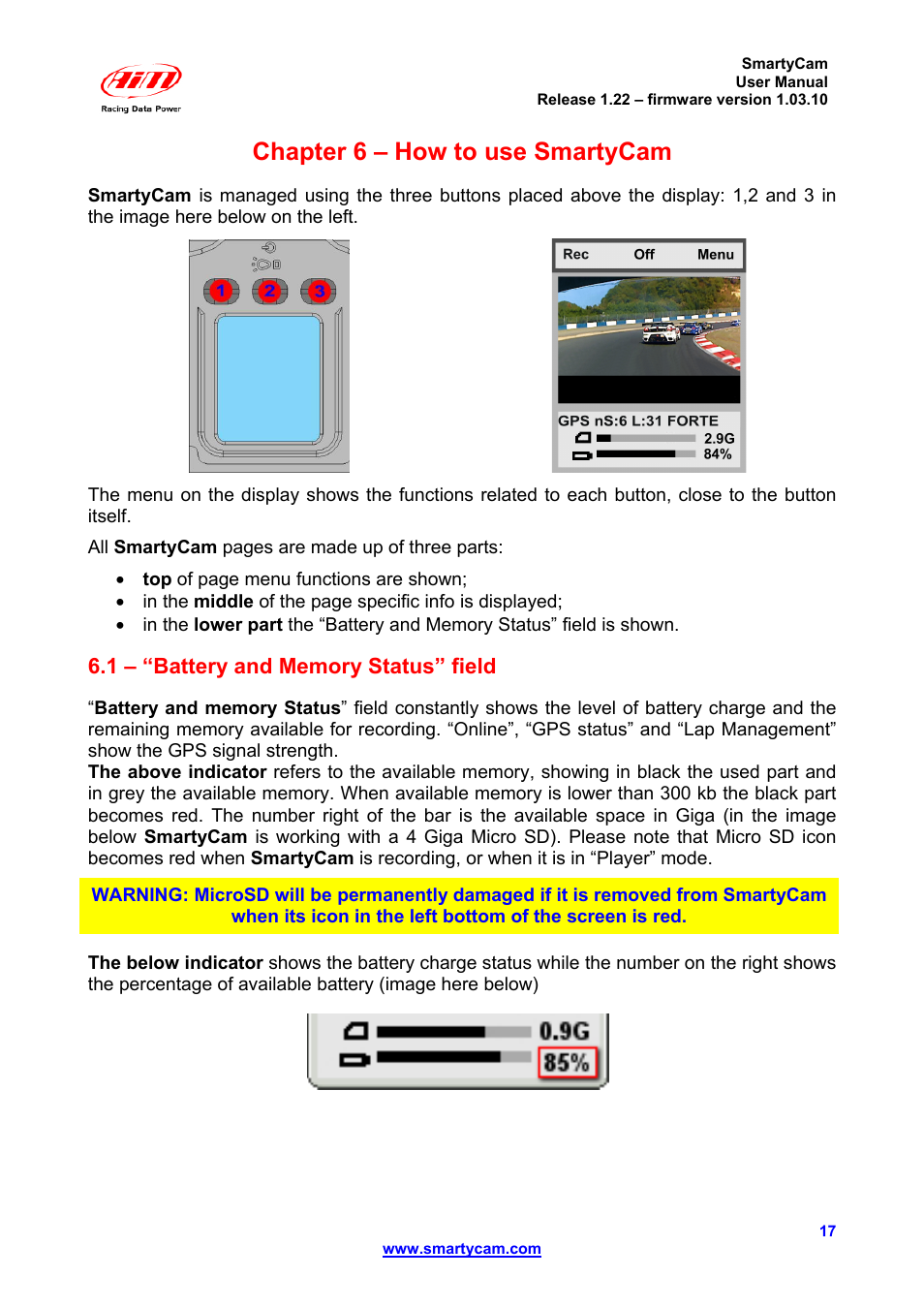 Chapter 6 – how to use smartycam | AiM SmartyCam ver 1.22 User Manual | Page 17 / 27