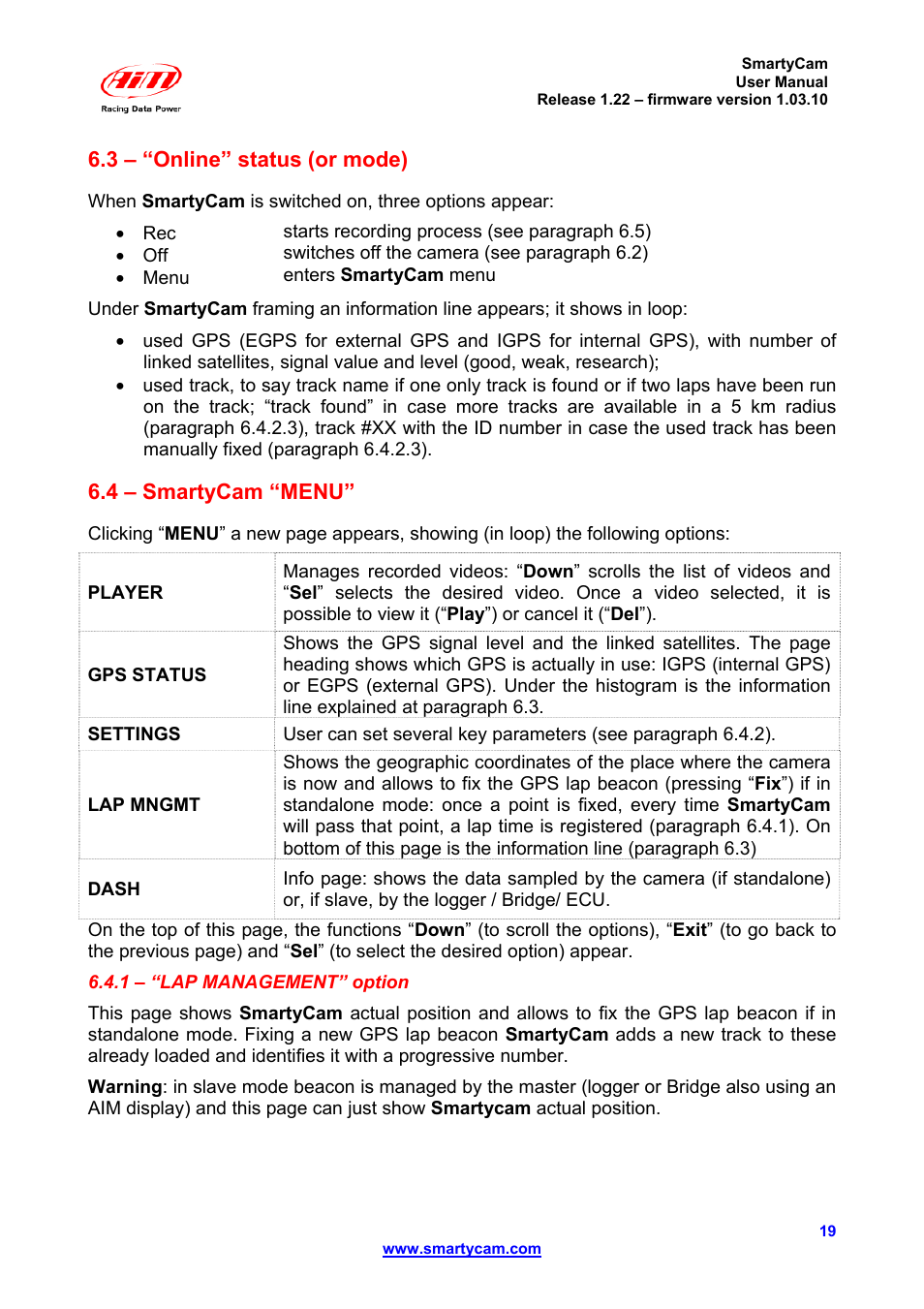 3 – “online” status (or mode), 4 – smartycam “menu | AiM SmartyCam ver 1.22 User Manual | Page 19 / 27