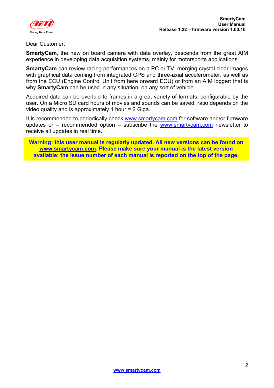AiM SmartyCam ver 1.22 User Manual | Page 2 / 27