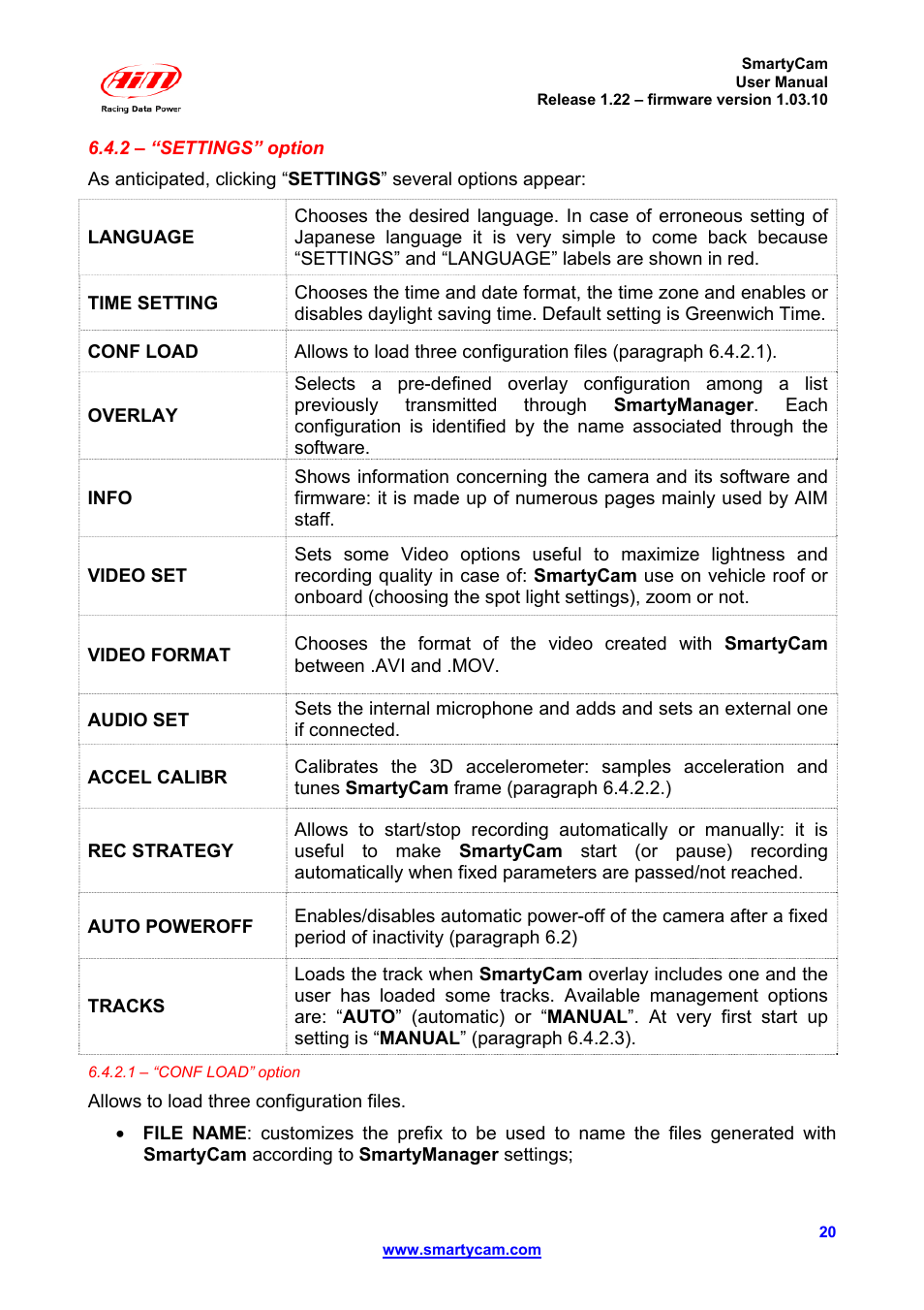 AiM SmartyCam ver 1.22 User Manual | Page 20 / 27