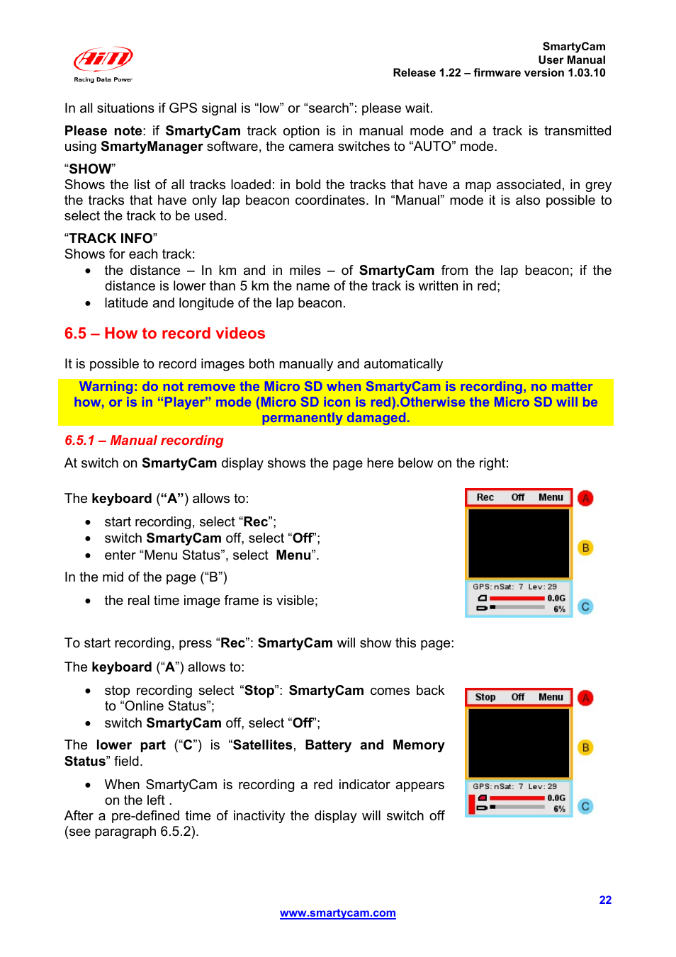 5 – how to record videos | AiM SmartyCam ver 1.22 User Manual | Page 22 / 27