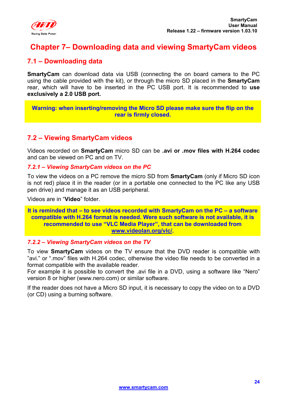 1 – downloading data, 2 – viewing smartycam videos | AiM SmartyCam ver 1.22 User Manual | Page 24 / 27
