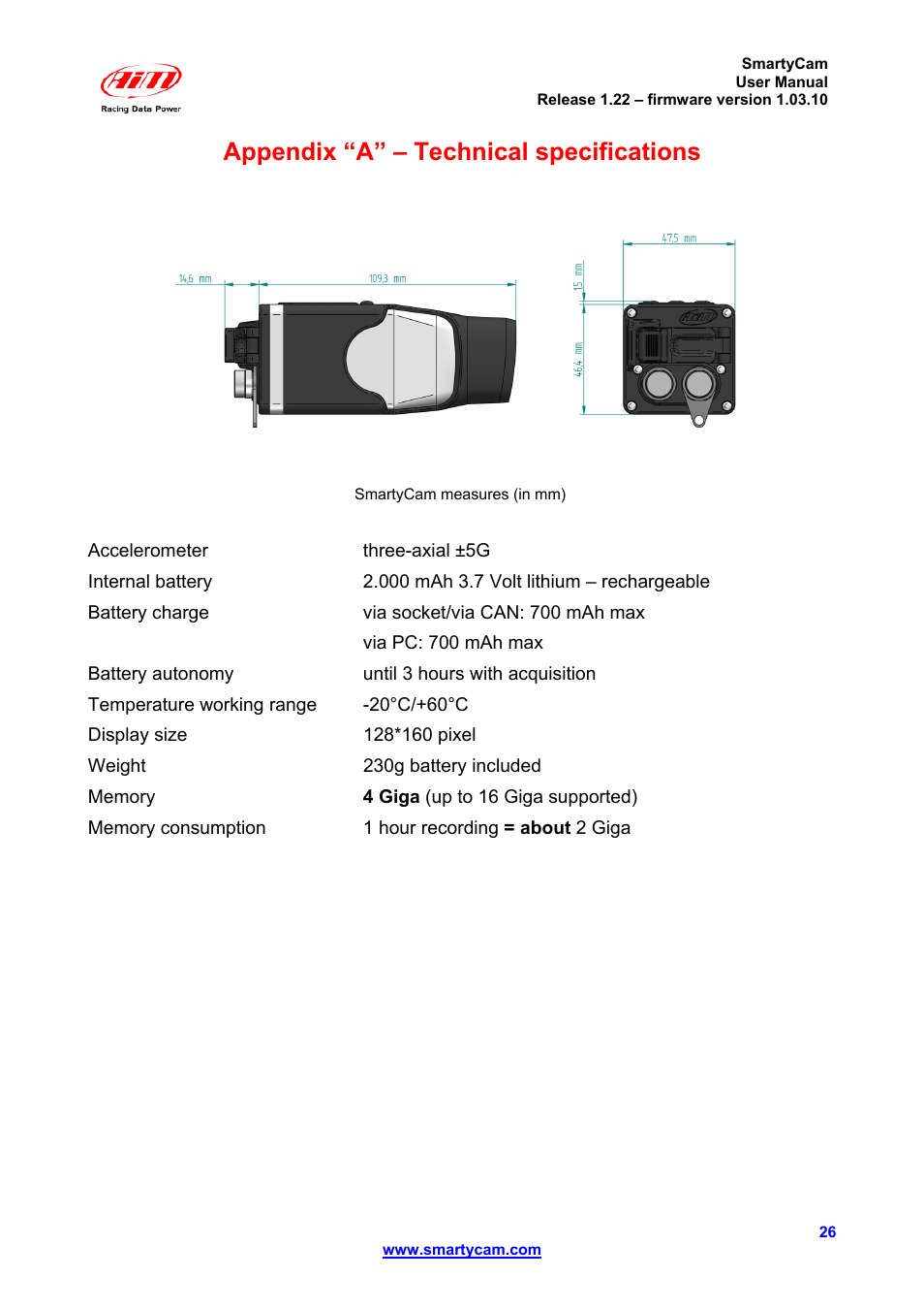 Appendix “a” – technical specifications | AiM SmartyCam ver 1.22 User Manual | Page 26 / 27