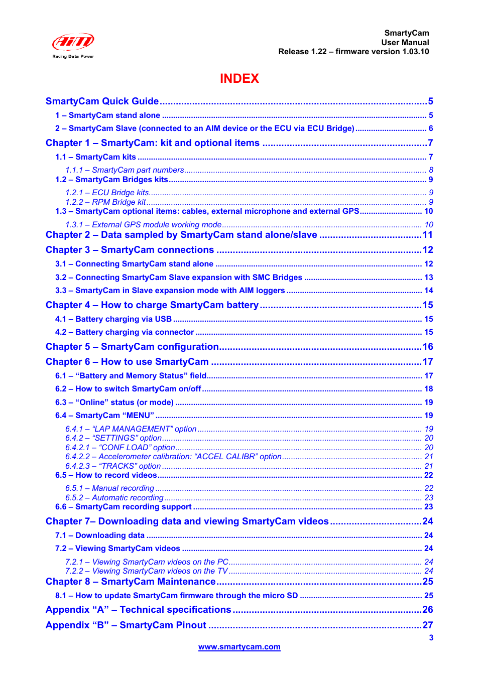 Index | AiM SmartyCam ver 1.22 User Manual | Page 3 / 27