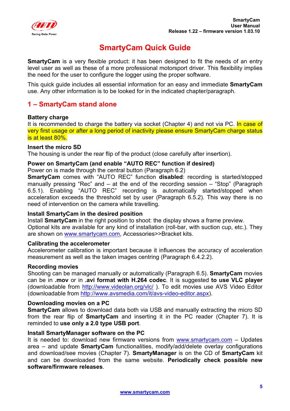 Smartycam quick guide, 1 – smartycam stand alone | AiM SmartyCam ver 1.22 User Manual | Page 5 / 27
