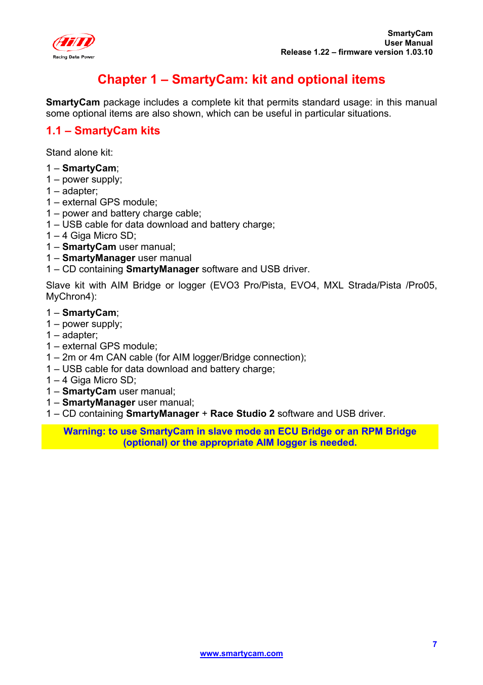 Chapter 1 – smartycam: kit and optional items, 1 – smartycam kits | AiM SmartyCam ver 1.22 User Manual | Page 7 / 27