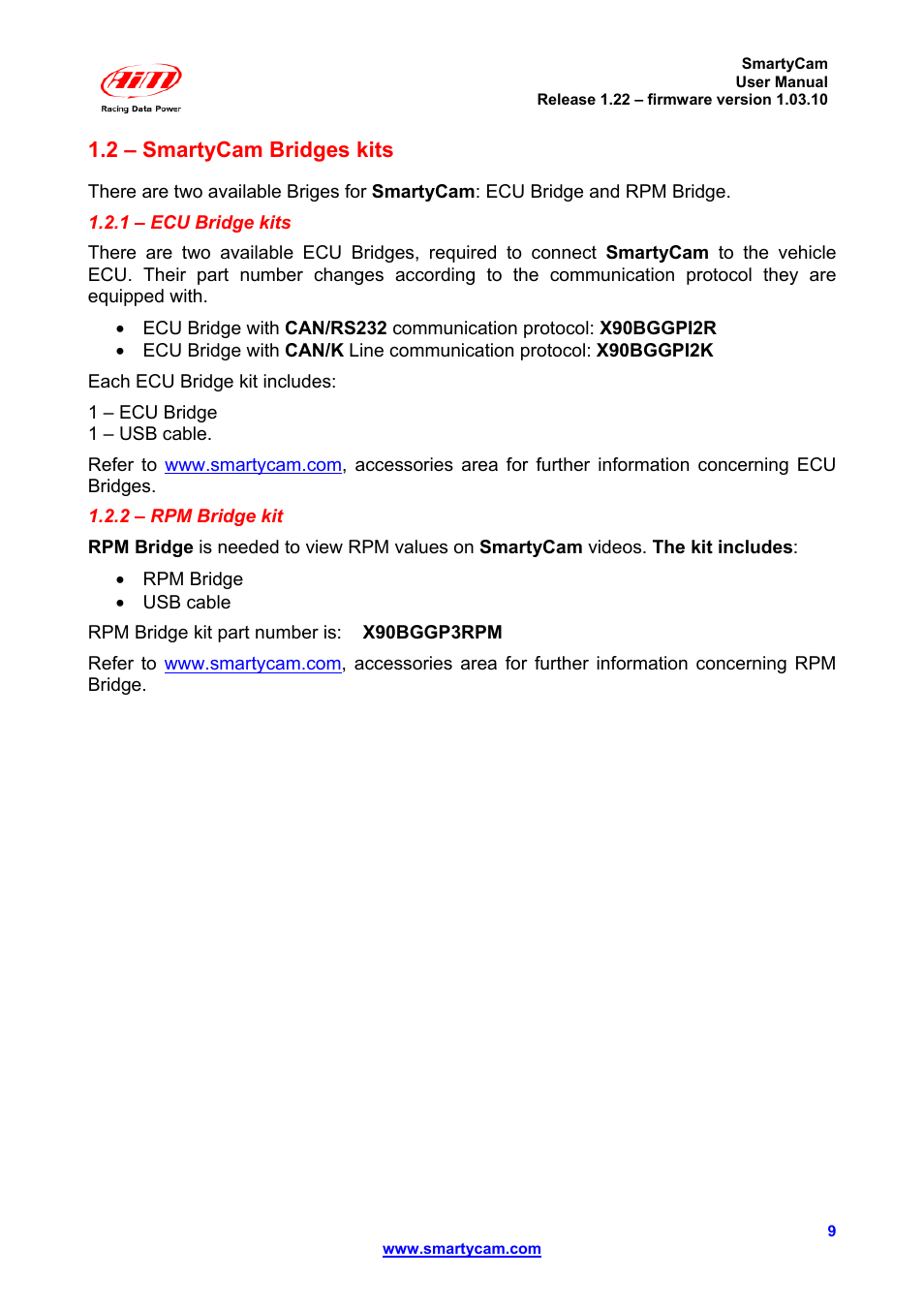 2 – smartycam bridges kits | AiM SmartyCam ver 1.22 User Manual | Page 9 / 27