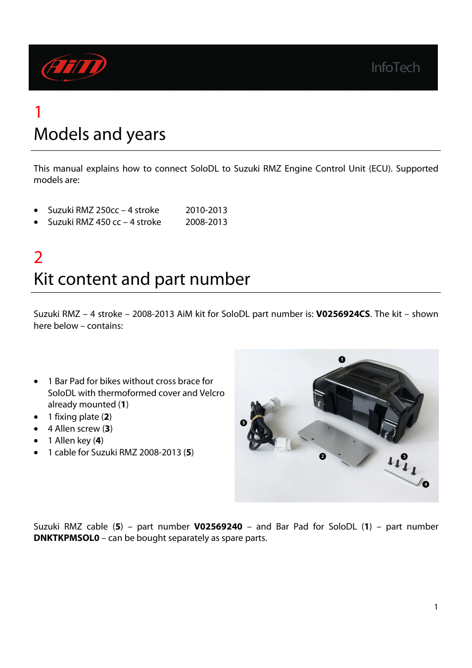 1models and years, 2kit content and part number | AiM Suzuki RMZ 450 4 stroke User Manual | Page 2 / 12