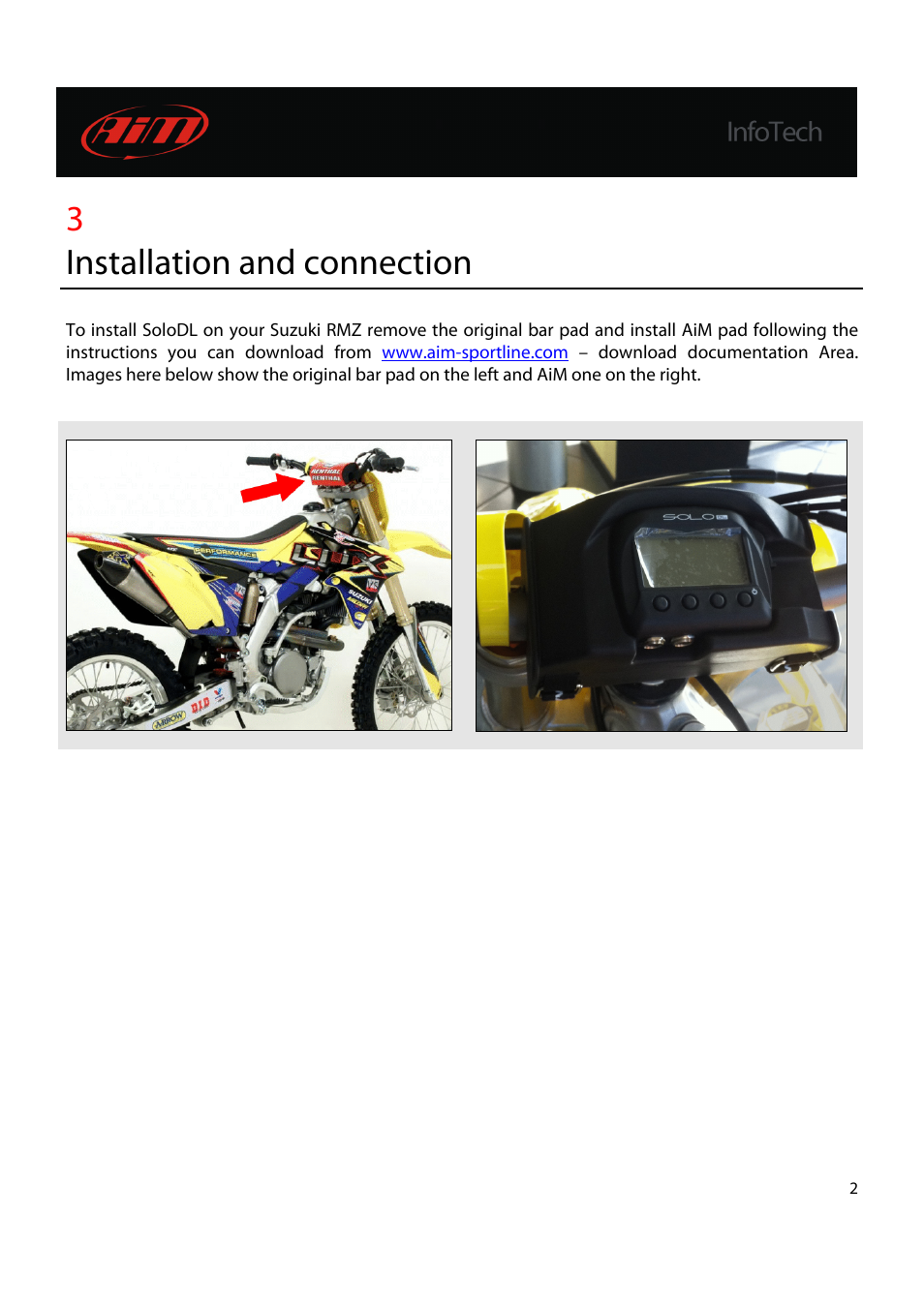 3installation and connection | AiM Suzuki RMZ 450 4 stroke User Manual | Page 3 / 12