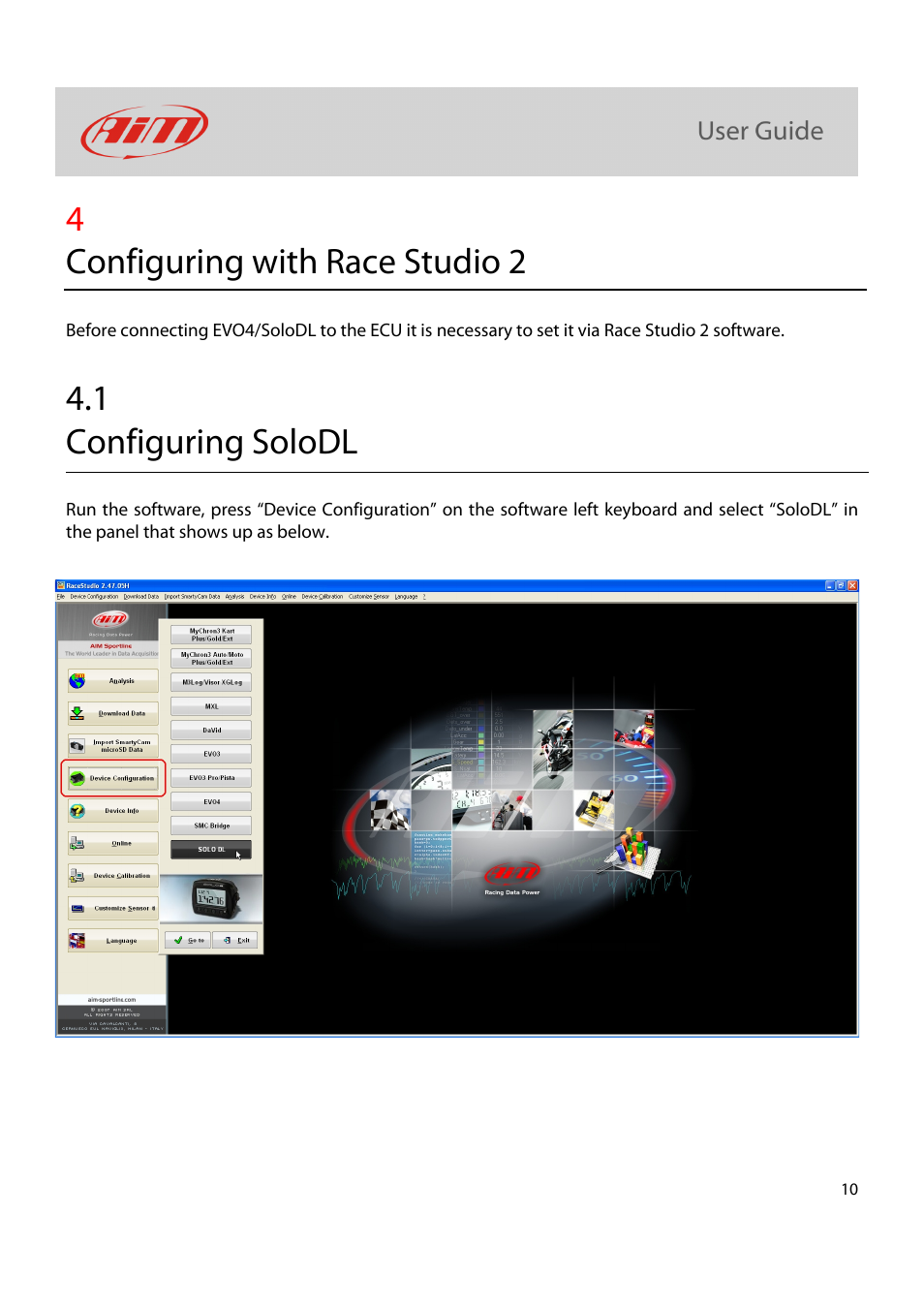 4configuring with race studio 2, 1 configuring solodl | AiM Kit for SoloDL on Ducati Panigale User Manual | Page 11 / 16