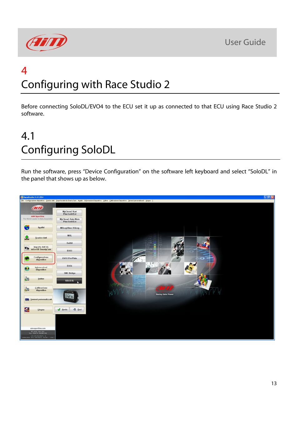 4configuring with race studio 2, 1 configuring solodl | AiM Kit for SoloDL on Suzuki GSX-R User Manual | Page 14 / 18