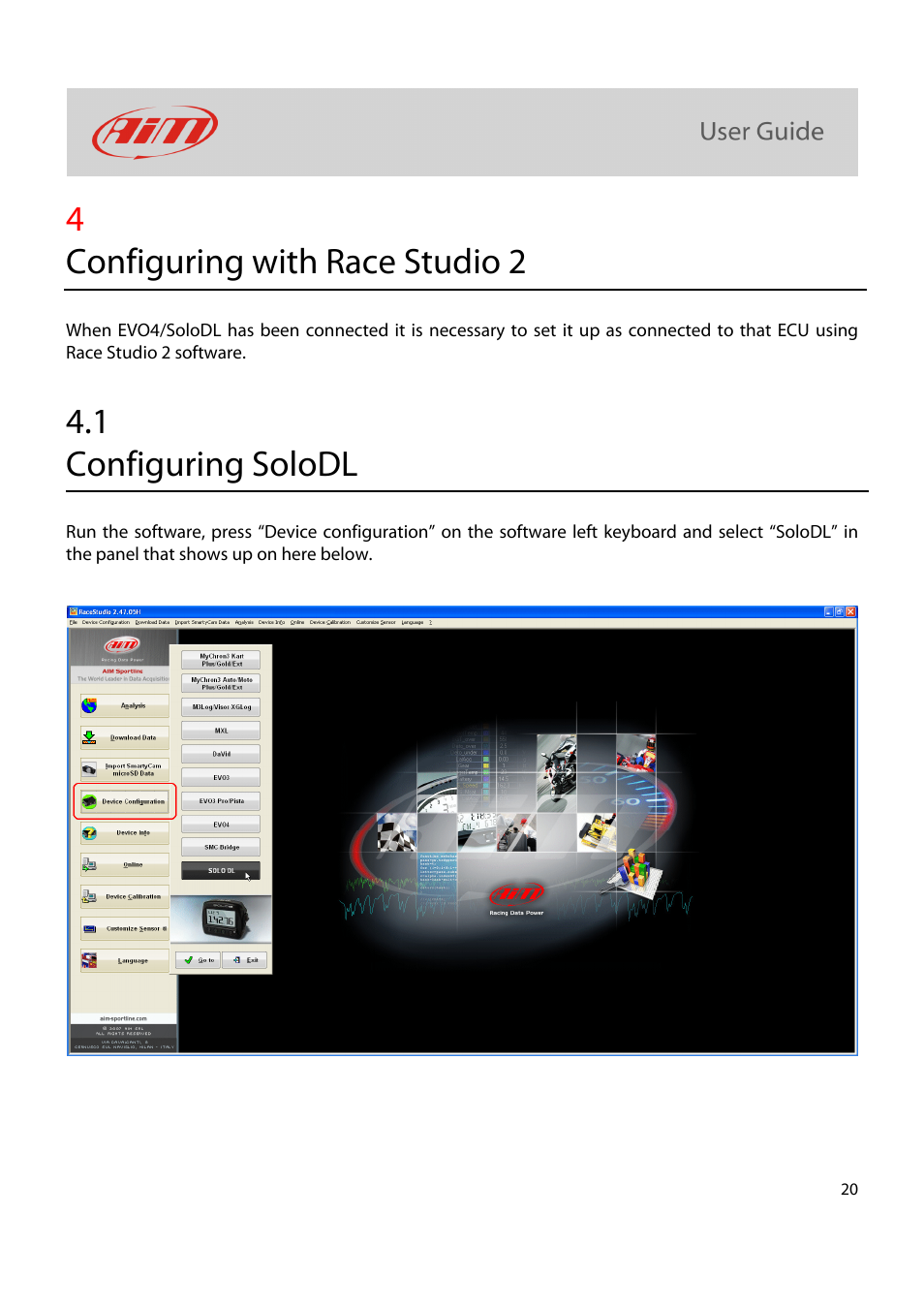 4configuring with race studio 2, 1 configuring solodl | AiM Kit for SoloDL on Yamaha R1-R6 2004-2013 User Manual | Page 21 / 25