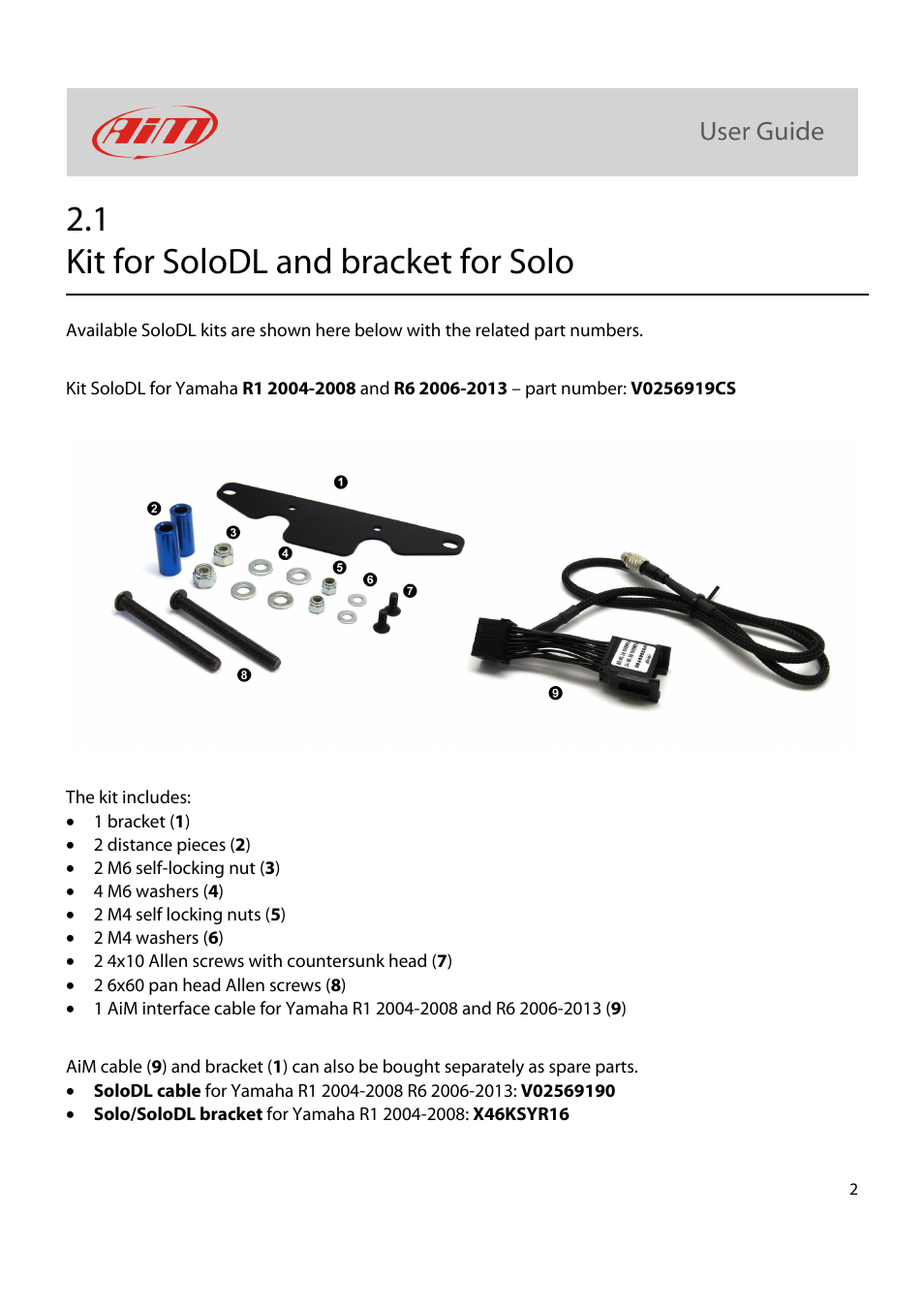 1 kit for solodl and bracket for solo | AiM Kit for SoloDL on Yamaha R1-R6 2004-2013 User Manual | Page 3 / 25