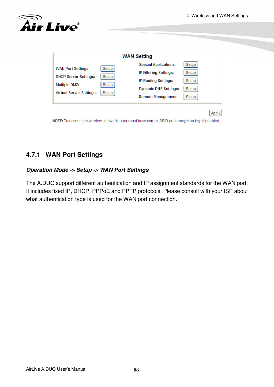 1 wan port settings | AirLive A.DUO User Manual | Page 103 / 189