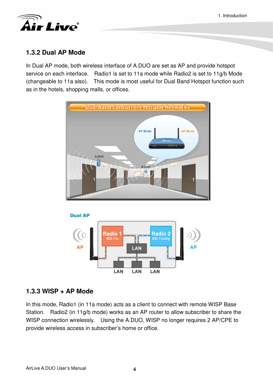 2 dual ap mode, 3 wisp + ap mode | AirLive A.DUO User Manual | Page 11 / 189