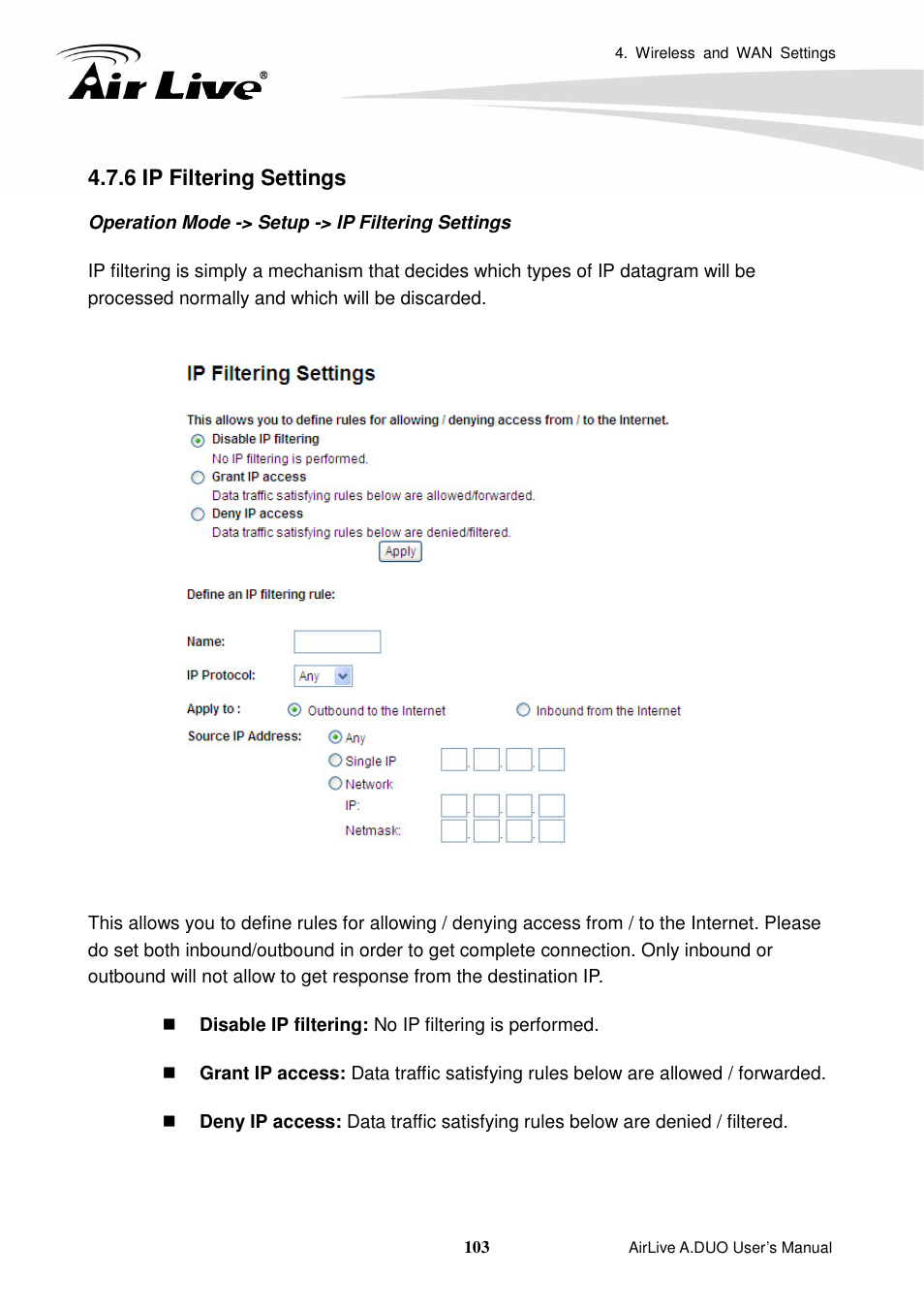 6 ip filtering settings | AirLive A.DUO User Manual | Page 110 / 189