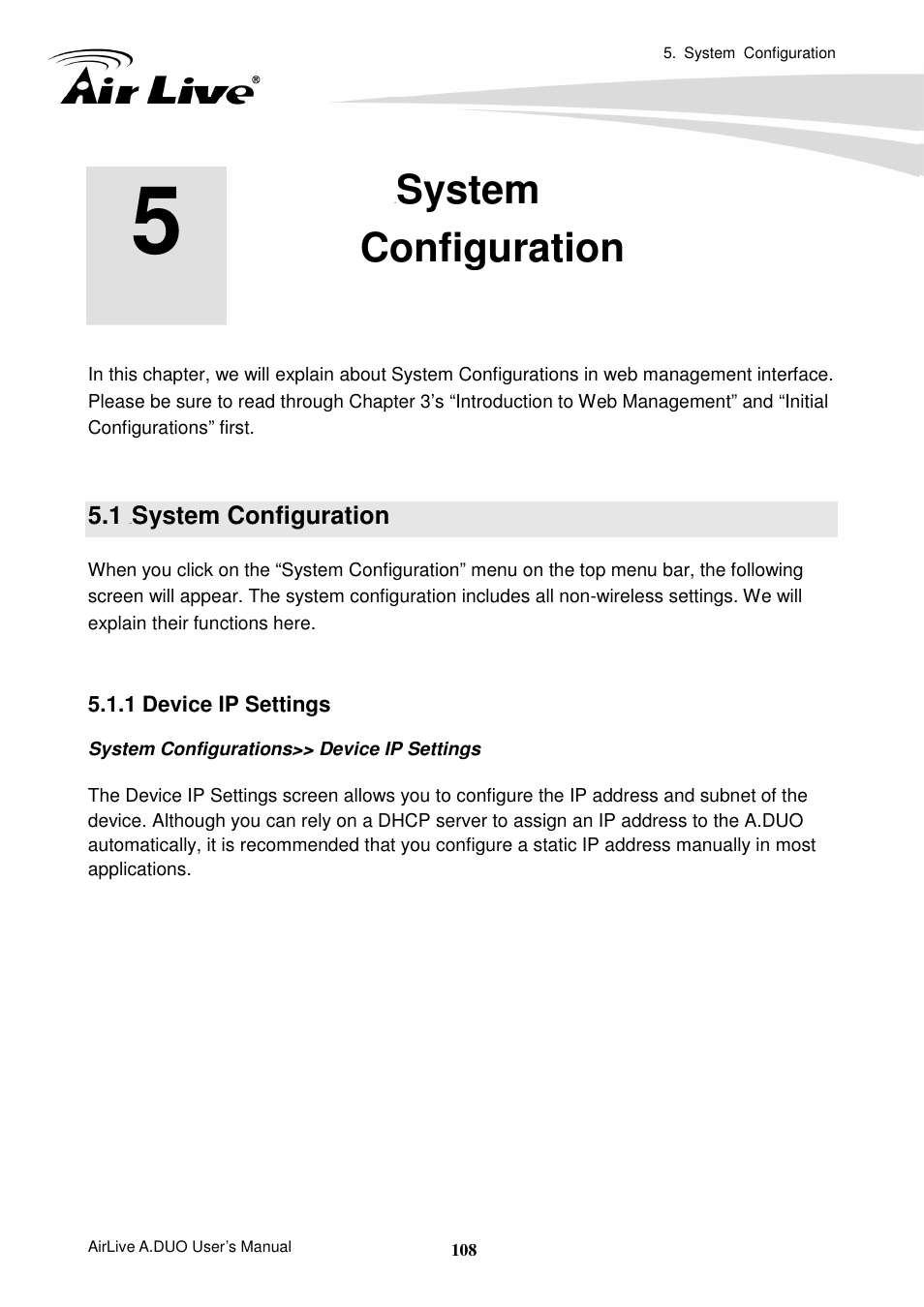 5 systemconfiguration, 1 system configuration, 1 device ip settings | System configuration | AirLive A.DUO User Manual | Page 115 / 189