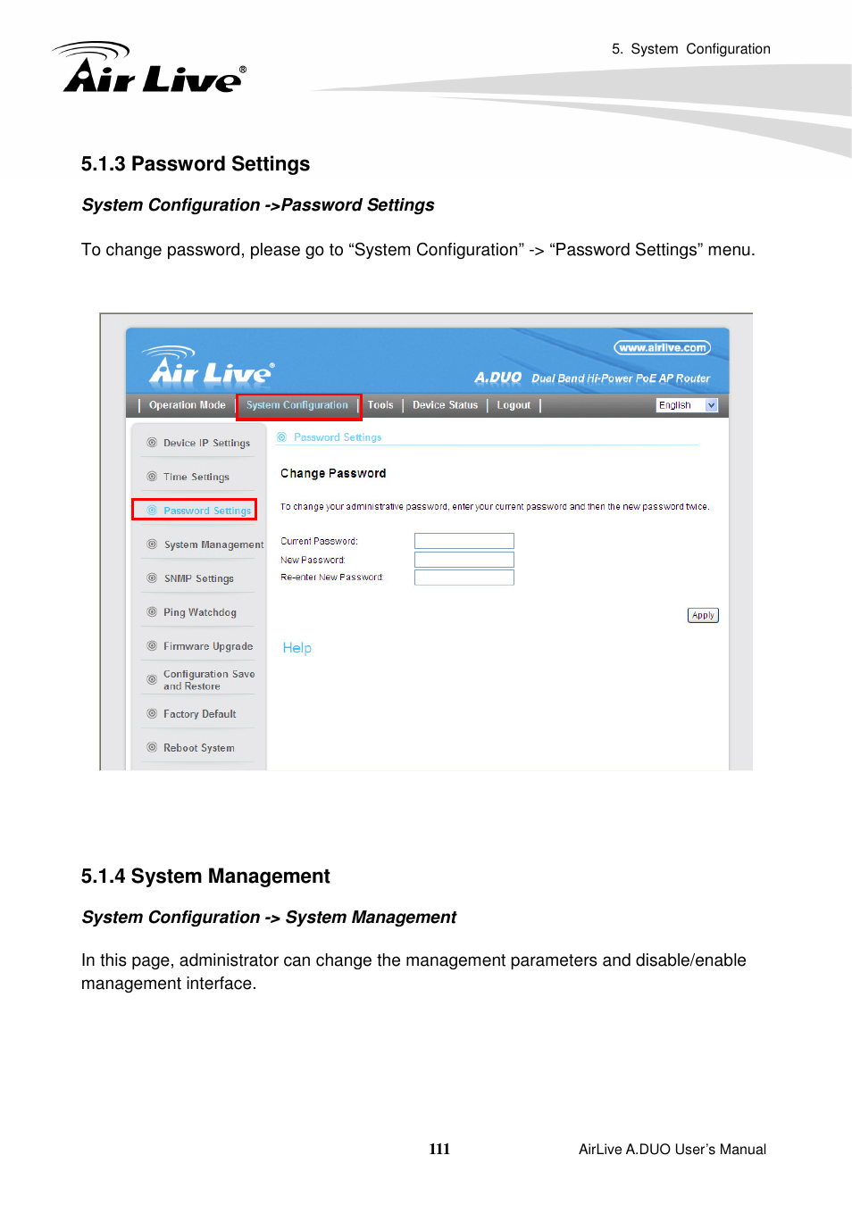 3 password settings, 4 system management | AirLive A.DUO User Manual | Page 118 / 189