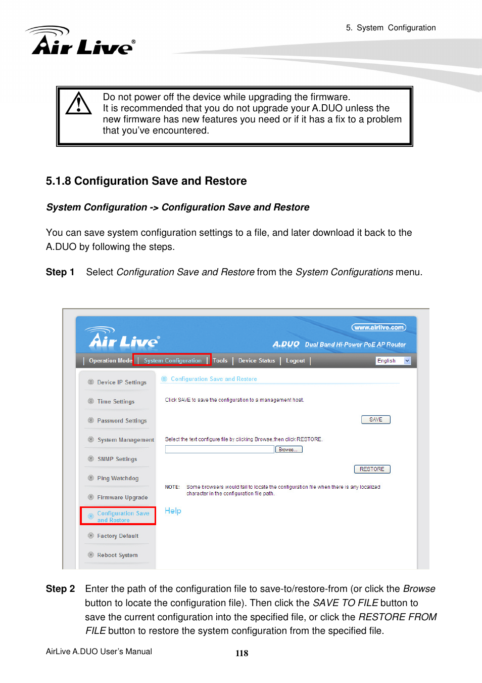 8 configuration save and restore | AirLive A.DUO User Manual | Page 125 / 189