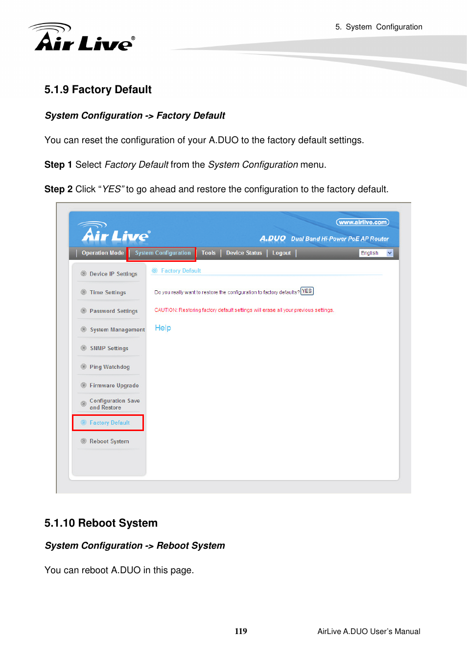 9 factory default, 10 reboot system | AirLive A.DUO User Manual | Page 126 / 189